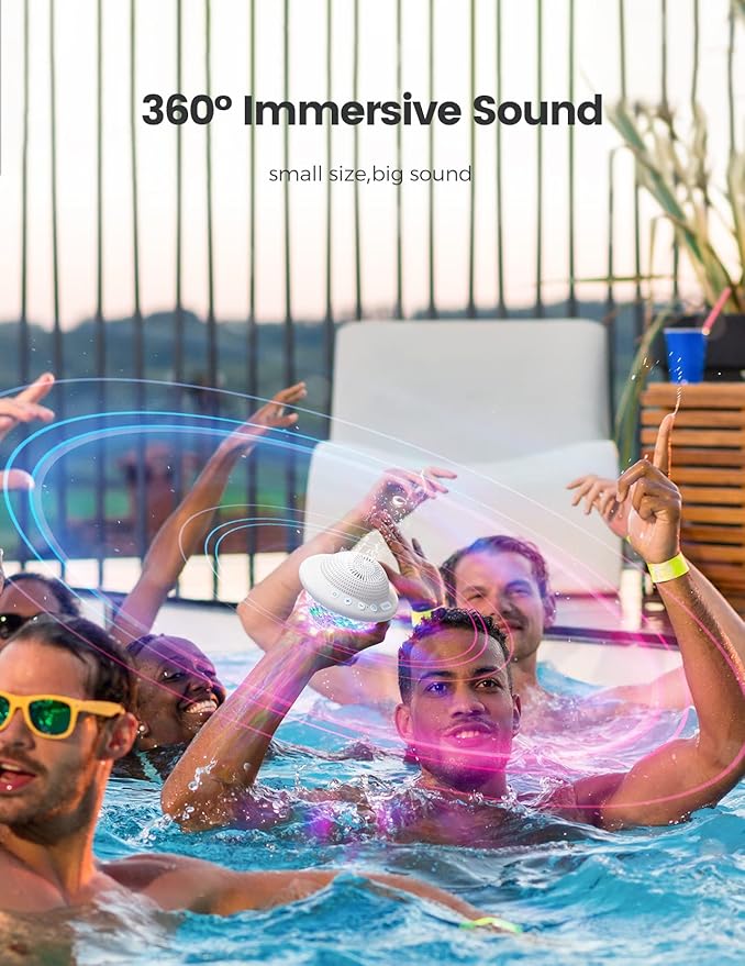 Floating Pool Speakers with Colorful LED Lights, IPX7 Waterproof Hot Tub Bluetooth Speaker, 10W Stereo Loud Sound, Built-in Mic, Portable Wireless Speakers for Shower Bathtub Beach Outdoor Swim-White