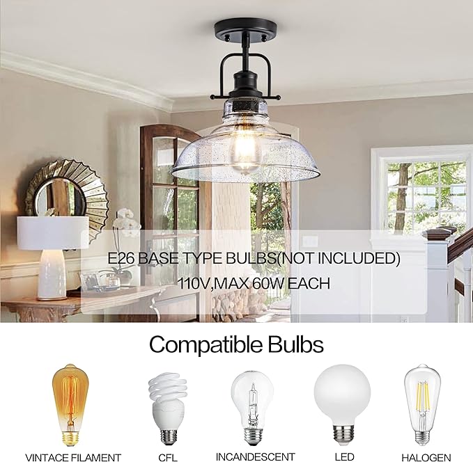 Flush Mount Ceiling Light Fixture < Bulb NOT Included >, Black Metal Frame Ceiling Light Fixture with Seeded Glass, Farmhouse Light Fixture for Kitchen Island Entryway Porch Foyer