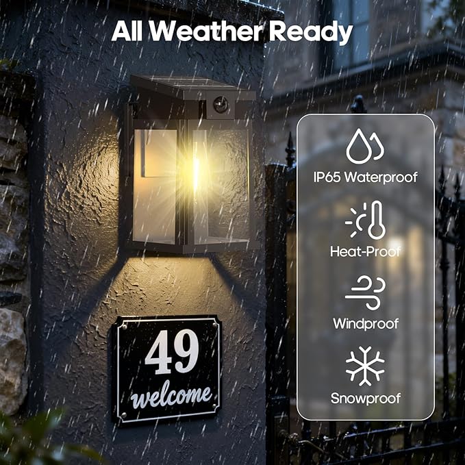 2 Pack Solar Porch Lights Outdoor with Motion Sensor, Dusk to Dawn Wall Lights Outside, LED Exterior Sconce for Front Door, Entryway, Garage IP65 Waterproof