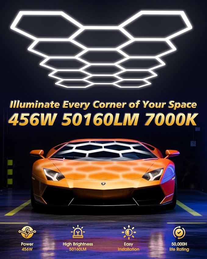 Hexagon Garage Lights,14 Grids LED Hexagon Light,456W 50160LM 7000K Honeycomb Lights for Garage,Car Detailing Shop, Basement,Warehouse