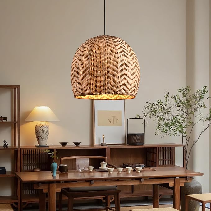 13.77" Rattan Pendant Light 1-Pack Rustic Curry Rattan Hanging Light Hand-Woven Wicker Chandelier for Dining Living Bedroom Kitchen Farmhouse