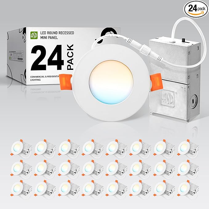 ASD 24 Pack 3 Inch LED Recessed Light 6W, 5 CCT 2700K-5000K CRI90+, IC Rated Ultra Thin Dimmable Ceiling Lights with J Box, Canless Wafer Downlight, Round Slim Panel Lighting, UL Energy Star, White