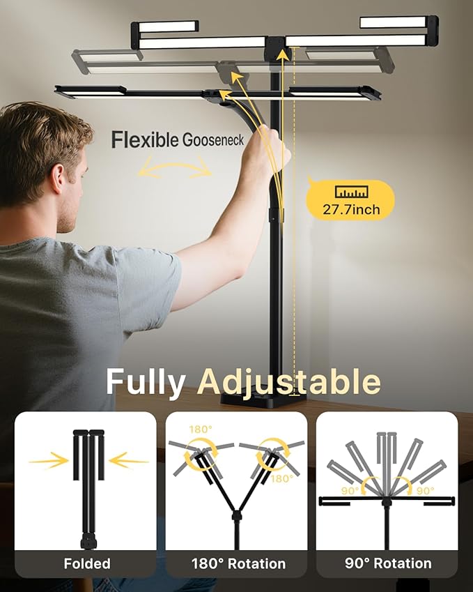 ONEMIX 42" LED Desk Lamp for Home Office, Eye-Caring Desk Light with Adjustable 4-Segment Bar, 1800LM Bright, Remote, Architect Table Lamp with Base for Dual Monitors, Reading, Study, Workbench(Black)