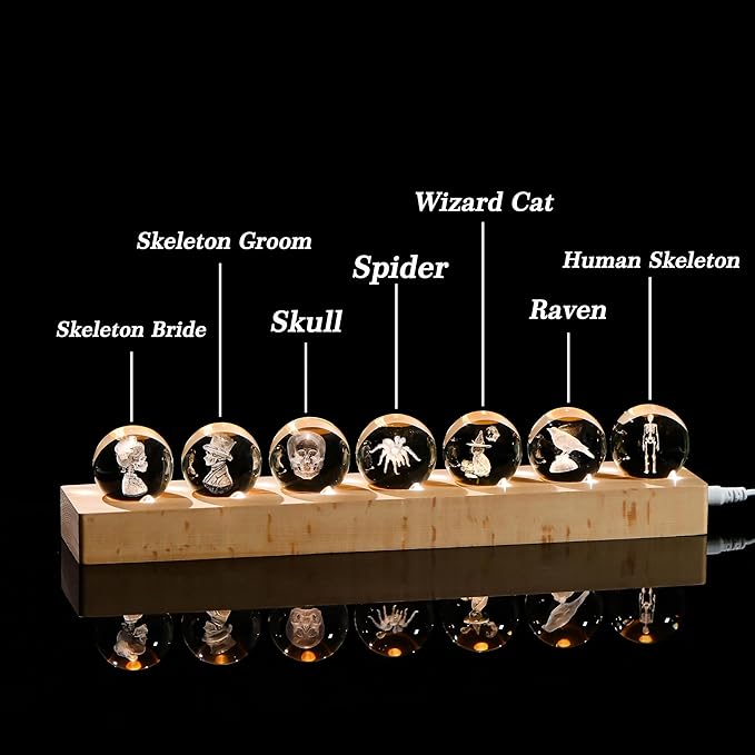 Qianwei 3D Crystal Ball Gothic Halloween Decor with Led Lamp Base - Best Birthday Gift for Man Teacher Boy Kids - Skeleton Bride Gloom Spider Skull Wizard Cat Raven Gifts