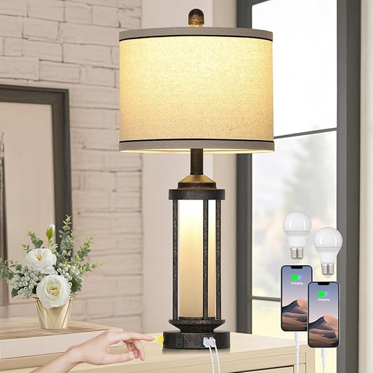 27" Industrial Farmhouse Table Lamp, Vintage Rustic Beside Lamp with USB A+C Charging Ports & AC Outlet, Modern Single Table Lamp with Frosted Glass Night Light for Bedrooms Nightstand Bronze