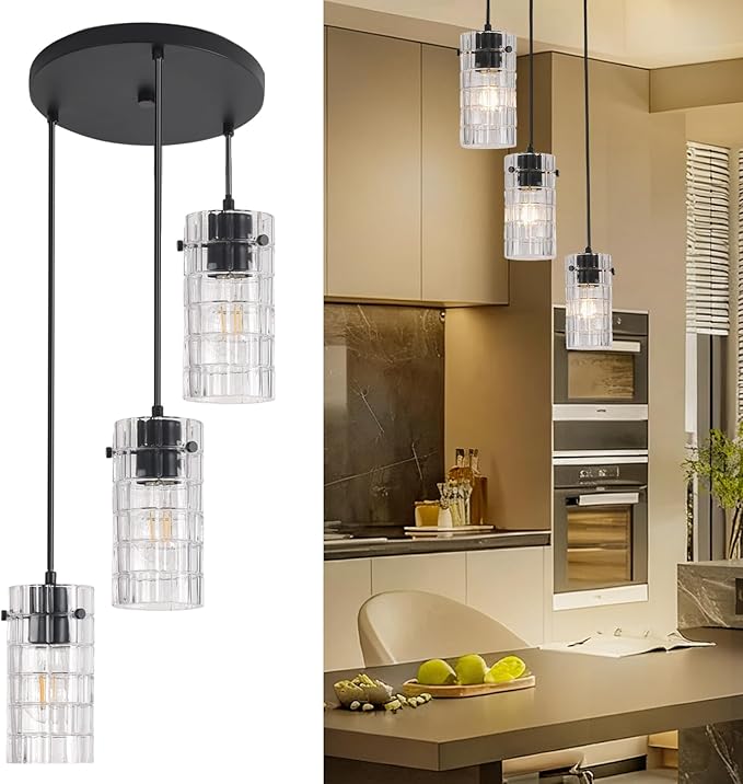 Black Glass Pendant Lights, Pendant Light Fixtures, Pendant Lights for Kitchen Island Living Room,with Meatel Adjustable Hanging Rod,(3 Lights)