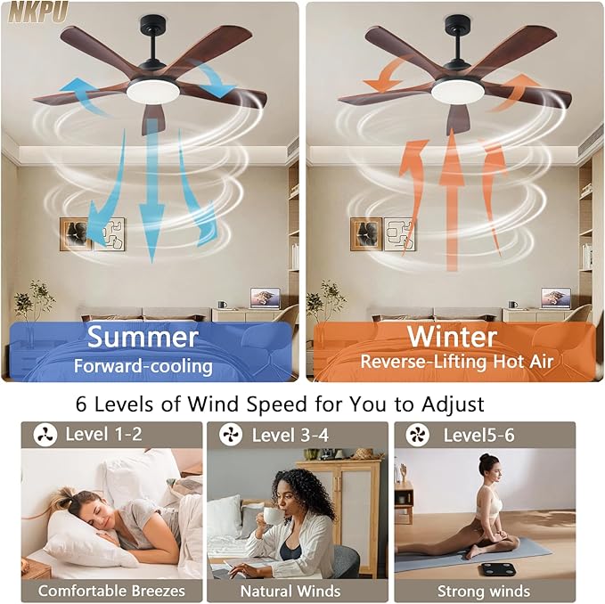 Ceiling Fans with Lights and Remote Control, 5 Solid Wood Blades, 3CCT Dimmable, Quiet DC Motor, 56 Inch Modern Outdoor Ceiling Fans for Bedroom Farmhouse Patios