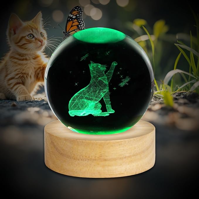3D Cat Crystal Ball Night Light 2.4in Table Lamp Decor with 16 Colors Change Remote Control and Wooden Base Gifts for Cat Lovers Women Girl Friends Birthday Christmas