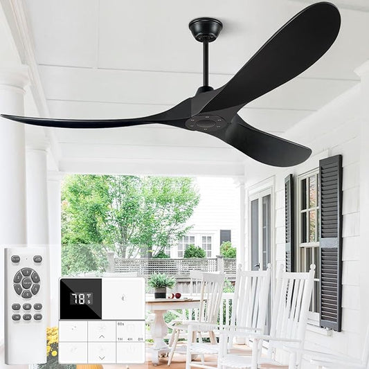 60 Inch Ceiling Fans Without Light, Solid Wood Ceiling Fan with Remote Control and Quiet DC Motor, Ceiling Fan no Light 3 Blades, Outdoor Ceiling Fans for Patios without Lights Matte Black
