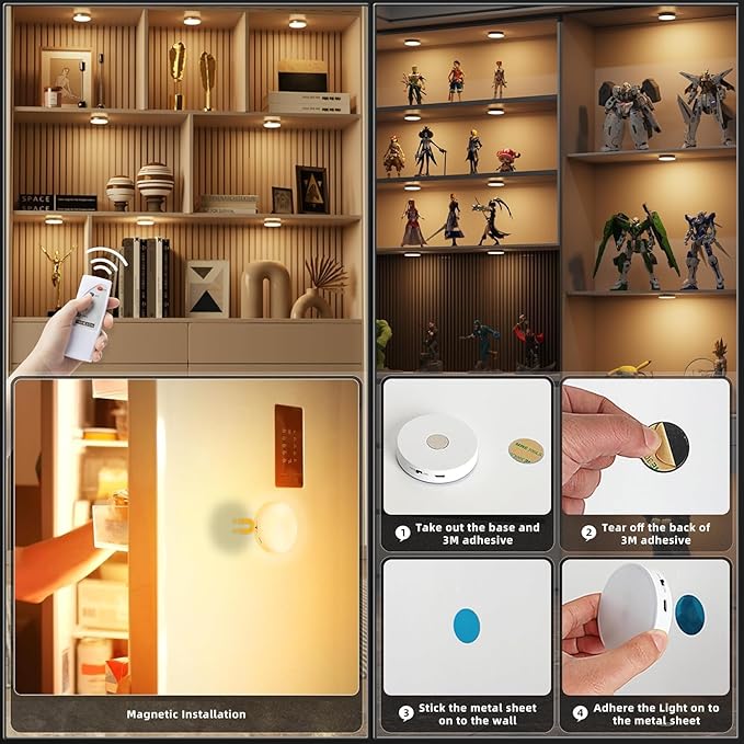 Puck Lights with Remote Control, Magnetic Under Cabinet Lighting, 1200mAh Rechargeable Stick On Lights for Under Cabinet, Hallway, Stairway, Closet (Cool White, 6pcs)