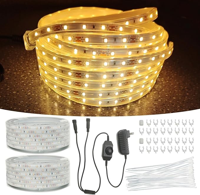 33FT 2-Pack 12V LED Rope Lights Outdoor - 1200 LEDs Warm White Dimmable Thick Flat Rope Lighting Waterproof for Street,Ceiling,Backyards,Commercial Use Indoor Outdoor Tape Lights