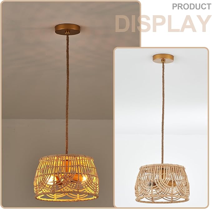 Woven Rattan Bamboo Brass Pendant Lights，Wicker Light Fixture Hanging Lamp for Entryway Bedroom Hallway Kitchen Island Corridor Foyer Passway 2-Light