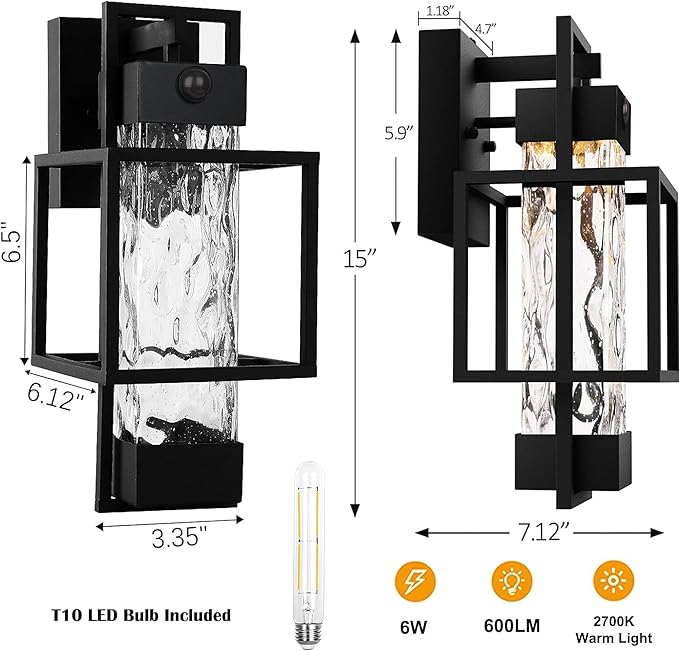 PARTPHONER Modern Motion Sensor Outdoor Wall Lights 2 Pack, 15" Exterior Wall Sconce Waterproof Porch Light, Outside Light for House with Water Glass for Garage Doorway-Only Lights up with Motion