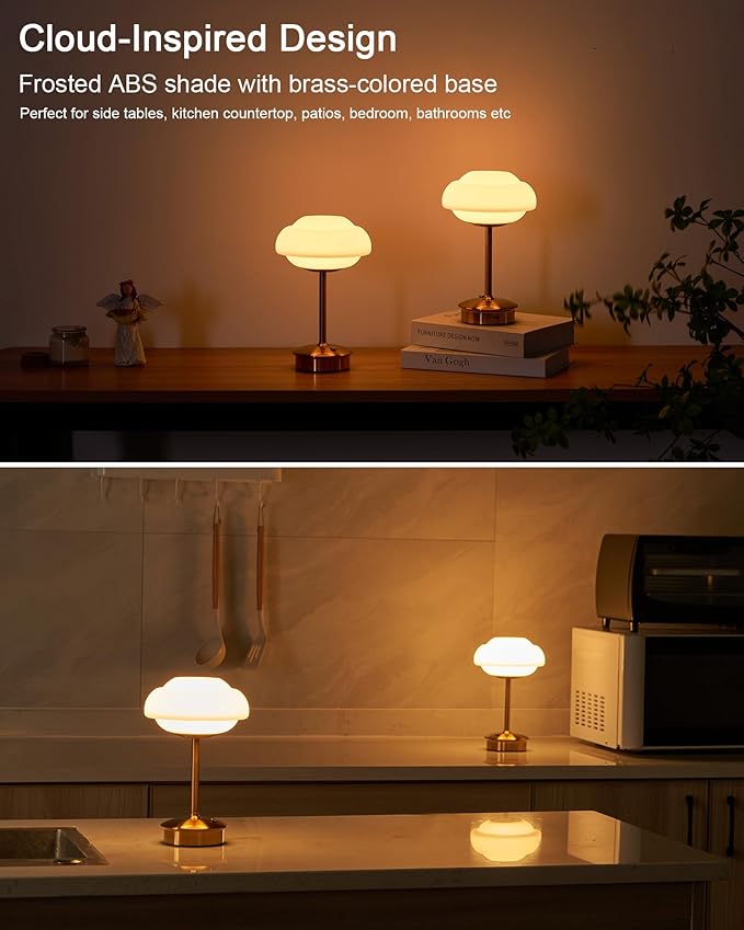 9" Mini Cordless Table Lamp with Cloud-Shaped, Small Rechargeable Battery Operated Lamps, 3-Way Touch Dimmer, Portable Brass Bedside Night Light for Restaurant Dining Kitchen Bathroom Patio Side Table