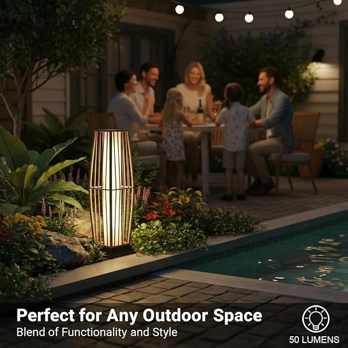 Rattan Outdoor Floor Lamp Set of 2, Boho Solar Porch Lights Outdoor Waterproof for Patio, Garden, Balcony & Deck, Natural (Vertical)