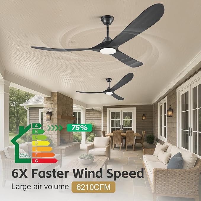 60 Inch Black Outdoor Ceiling Fans for Patios with Light, 3 Blade Modern Wood Ceiling Fans with Remote Quiet DC Motor, Large Airflow Indoor Outside Ceiling Fan for Bedroom Office Gazebo Garage Porch