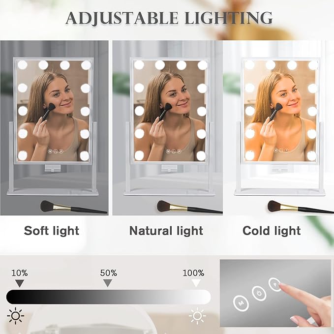Vanity Mirror with Lights, Hollywood Lighted Makeup Mirror with Phone Holder, Smart Touch Control, 3 Color Lighting Modes, Detachable 10X Magnification, 360°Rotation(White)