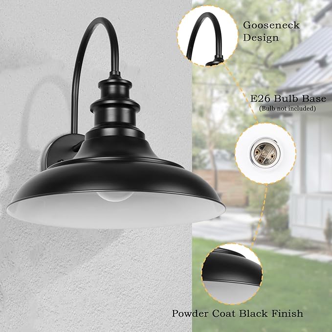 Outdoor Barn Light Fixture, 12.3 Inch Large Dome Farmhouse Exterior Wall Mount Light, Gooseneck Wall Sconce Indoor Wall Lighting Fixture, Industrial Black White Finish Lantern for Porch, RZ004 BK+WH