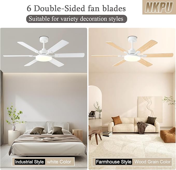 56 Inch Ceiling Fans with Lights, Modern White Ceiling Fan with Light and Remote Control, 6 Double Sided Blades, 6 Speed Reversible Motor, Dimmable LED, Silent Timing, Indoor Outdoor Patio Use