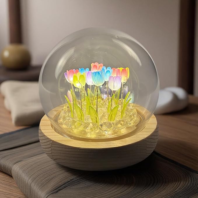 Tulip Lamp Glass Globe - Illuminated Flower Lamp with Glowing Blooms on Wooden Base - Battery-Powered Decorative Night Light for Bedroom, Living Room & Home Decor