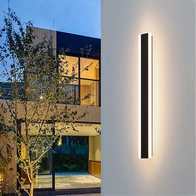 Outdoor Long Strip Modern LED Wall Lighting Fixture Lamps, Elegant Frosted White Acrylic, Black Aluminum Body IP65 Waterproof Anti Rust (Warm, 95inch)