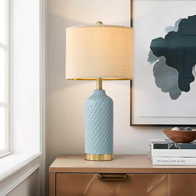 24.25" Modern Ceramic Blue Lamps for Living Room & Bedside, Farmhouse & Boho Style, Coastal & End Table Lamps