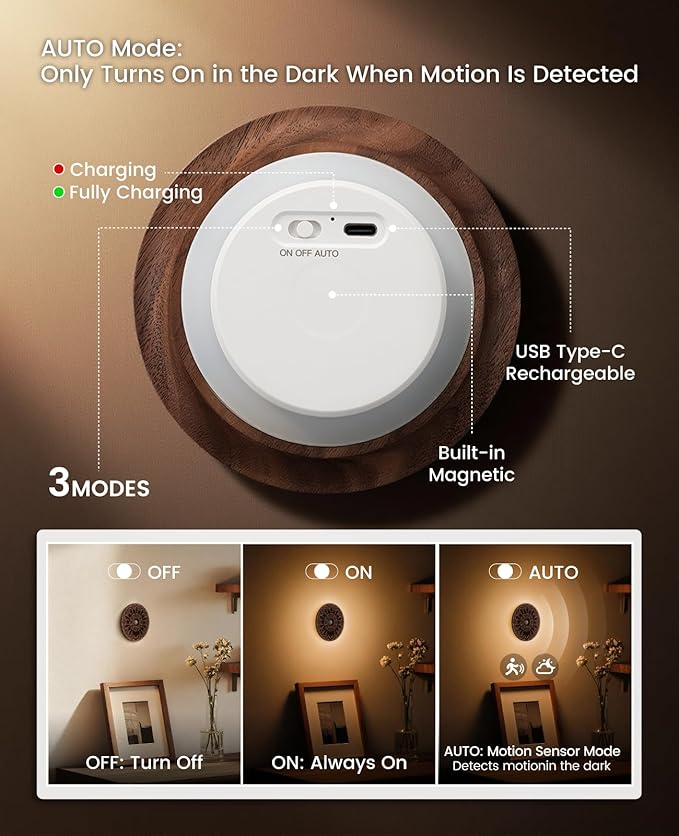 Motion Sensor Night Light Wood USB Rechargeable Stick-On Step Lights Magnetic Small Wall Lights for Hallway Bedroom Living Room Stair, Carved Black Walnut
