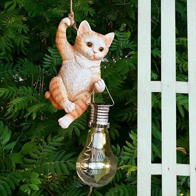 Tree Solar Light Outdoor Garden Decor Hanging Cat Figurines Animals Porch Yard Outside Decoration Kitten Statues Decorative Wall Window Fence Lighting Bulb LED