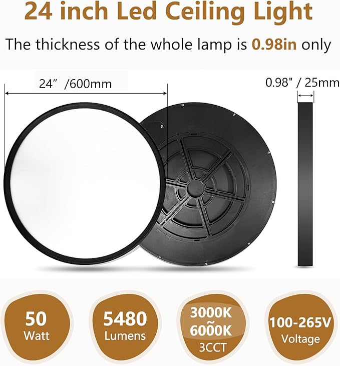 24 Inch Large LED Flush Mount Ceiling Light, 50W, 5480LM, 3000K/4000K/6000K CCT Selectable,Super Slim Low Profile Round Flat Panel Light for Bedroom,Kitchen,Hallway (Black 1PK)
