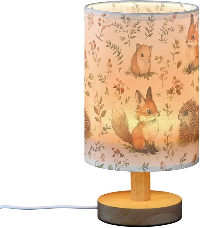 Watercolor Fox Hedgehog Woodland Floral Leaf Table Lamp with Wood Base Fabric Lamp Shade Bedside Nightstand Desk Lamp for Living Room Bedroom Kids Room Office