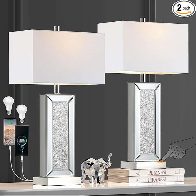 Modern Table Lamp Set of 2 Touch Control, Silver Mirror Diamond Crystal Bedside Lamp with USB C+A Ports, 3-Way Dimmable Mirrored Nightstand Lamps White Fabric Shade for Living Room Bedroom Art Decor