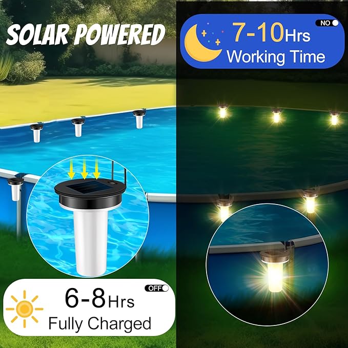 VIHOSE 6 Set Waterproof Above Ground Pool Solar Lights LED Warm Night Hanging Light with Hooks for Outdoor Outside Fence Yard Pool Accessories Must Have, Easy-to-use