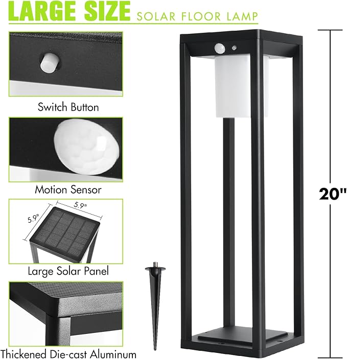Solar Pathway Lights Outdoor, Aluminum Waterproof Floor Lamp, 3 Lighting Modes with Motion Sensor, 600 Lumens Super Bright Outdoor Lamp for Garden Backyard Patio Porch Decor, 20" Black