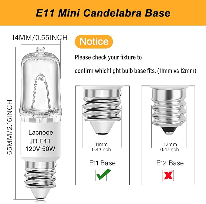 E11 Bulb, JDE11 120V 50W Halogen Light Bulbs, T4 Mini Candelabra Base, Dimmable 2700K Warm White, 4PCS E11 Light Bulb for Chandeliers, Candelabra, Ceiling Fan, Table Lamps, Cabinet Lighting