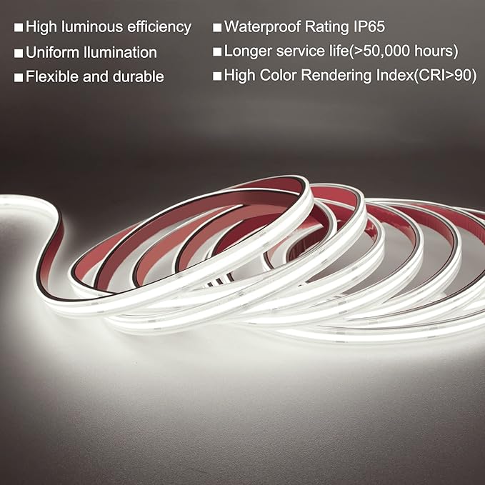 COB LED Strip Lights,24V Daylight White 6000K,Ip67 Waterproof led Light Strip,480LEDs/M,16.4ft/5M,CRI90+ Outdoor led Strip for Bathroom Decor,Pool,Garden(Power Not Included)