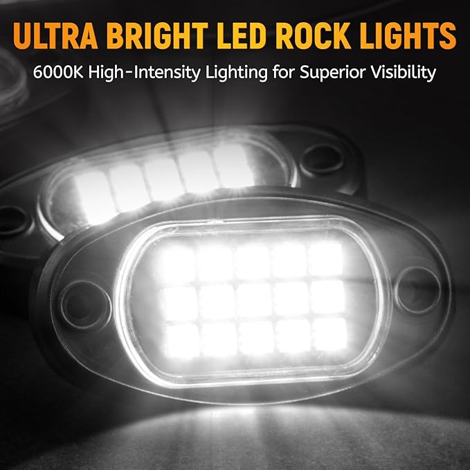 YONEDA 20 Pods White Rock Lights 6000K Ultra Bright LED Neon Underglow Lights IP68 Waterproof for Trucks SUV UTV ATV RZR Car Boats Pickup Motorcycle with 39.37ft Extension Wire
