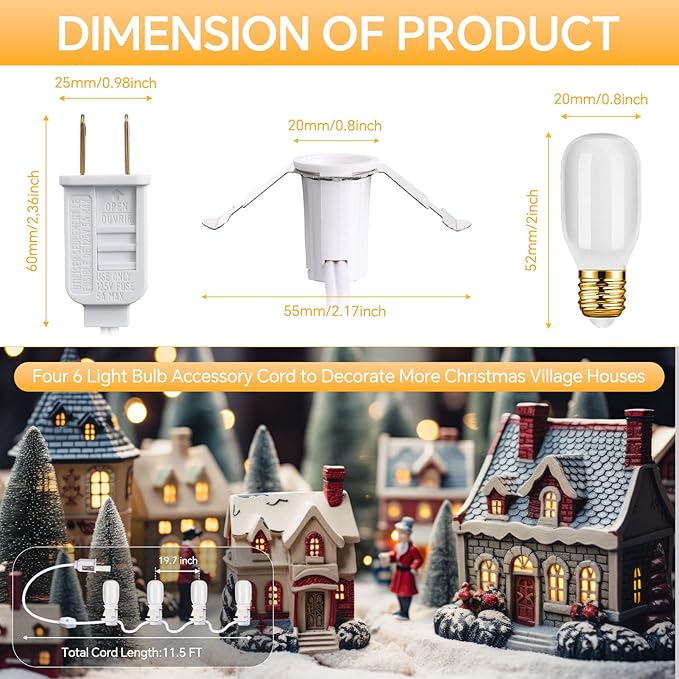Leelosp 4 Pack 11.5 FT Accessory Cord with 5 LED Light Bulb, Christmas Village Light Cord with On/Off Switch E12 Double Fuse Socket for Blow Mold Christmas Trees Holiday Decorations