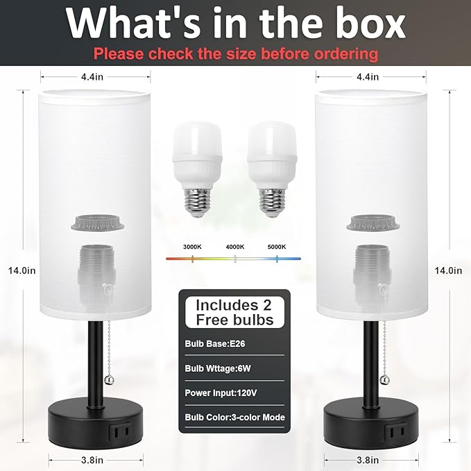 Fenmzee White Bedside Table Lamps Set of 2-3 Color Temperatures Pull Chain Lamp with AC Outlet Charging Port, Round Night Stand Lamps for Bedroom Office, Small Bed Side Light with E26 LED Bulbs