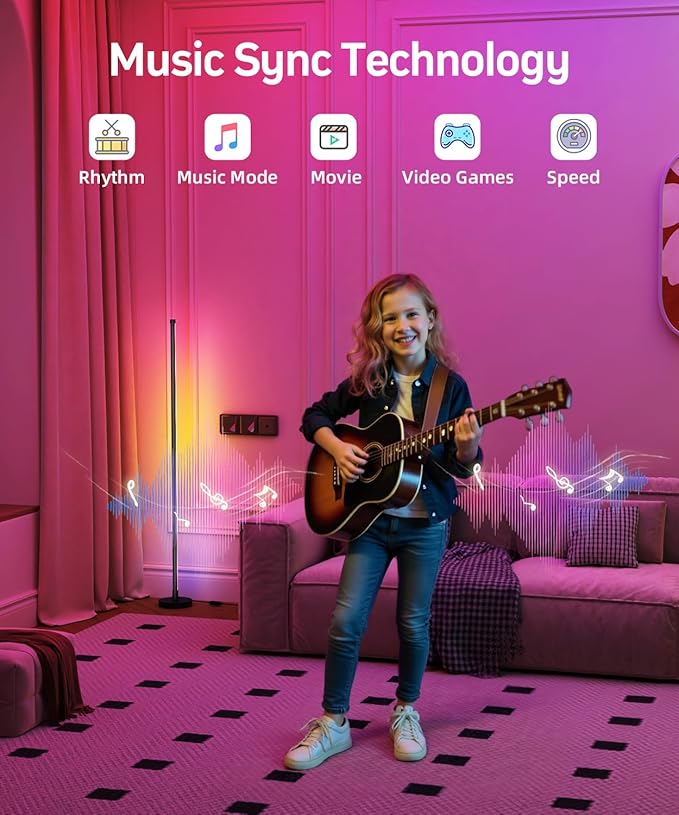 Smart RGB Corner Floor Lamp, LED Standing Lamp with Remote & App Control, Music Sync and Color Changing Ambient Lighting, Floor Lamps for Bedroom, Party and Living Room