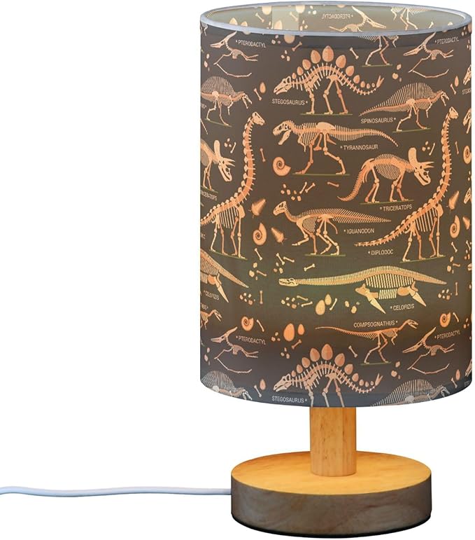 Dinosaur Fossil Skull Dino Skeleton Bone Tyrannosaurus Rex Table Lamp with Wood Base Fabric Lamp Shade Bedside Nightstand Desk Lamp for Living Room Bedroom Kids Room Office