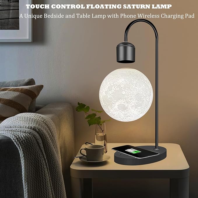 Magnetic Levitating Moon Lamp with Phone Wireless Charging Pad Changeable 3 Colors 3D Moon Levitation Floating Mood Night Light Table Lamp Christmas Gift Home Decoration