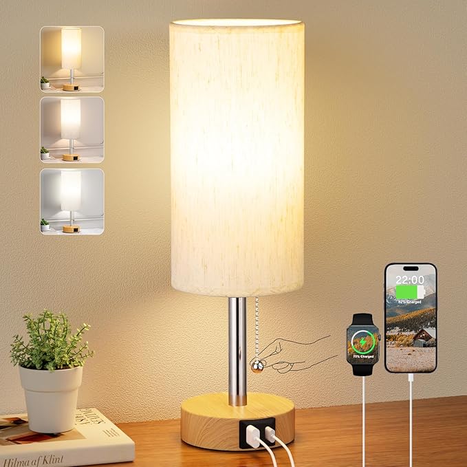 Small Table Lamp for Bedroom Nightstand - Bedside Lamp with USB A + C Charging Port, 3 Color Temperatures Pull Chain Night Stand Light, Wood Base Desk Reading Lamp for Class Room/Nursey