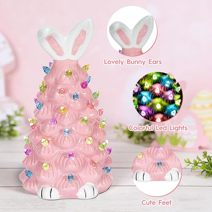 Cute Ceramic Easter Tree Bunny Decor, Light up Easter Bunny Decor Spring Decorations for Indoor Bedroom Office Decor Tabletop for Kid Gifts (Pink)