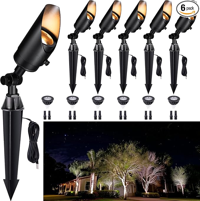 Gardenreet Spot Lights Solid Brass, Black 12V Low Voltage Landscape Spotlight, Wired Uplights Outdoor Waterproof, LED Electric for Patio Wall, with 4000K Bright White MR16 Bulb (6 Pack)