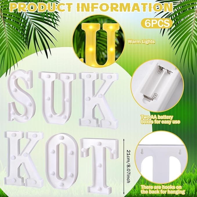 6 Pcs Happy Sukkot Decorations Sukkot Large LED Letter Sign 8.3 Inch LED Lights Battery Powered Table Decorations for Party Gift Tabletop Sukkah
