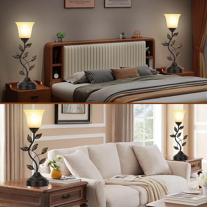 Bedside Lamps Set of 2, 20 Inch Retro Style Table Lamp for Bedroom Touch Control 3-Way Dimmable with USB C+A Charging Ports, Torchiere Lamps for Night Stands Metal Leaf and Glass Shade, Bulbs Included