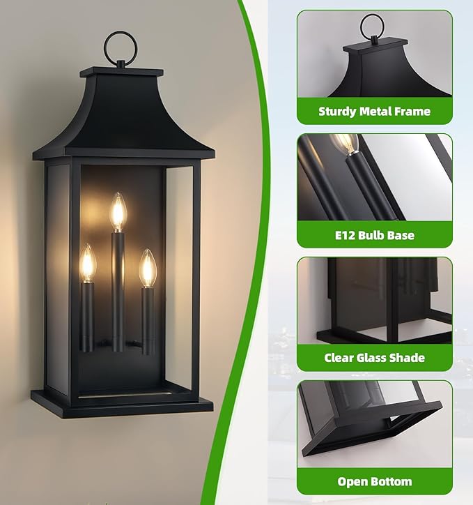 tewei 28'' Large Outdoor Wall Light, Porch Light Outdoor Wall Sconce Lantern, 3-Light Black Exterior Lighting Fixture Wall Mount, Outside Light for House Garage, 1-Pack
