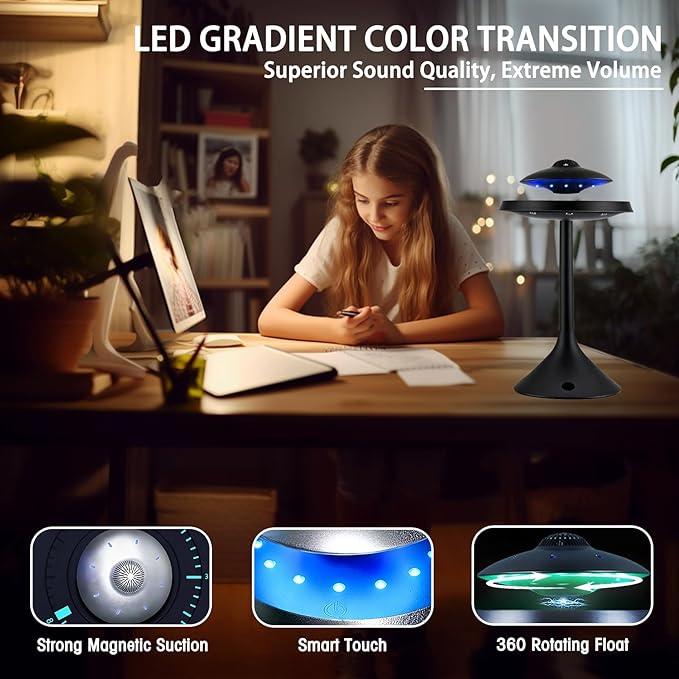 Magnetic Levitation Bluetooth Speaker, UFO Levitating Speaker with Smart Touch, Floating 360° Spin, Switchable Gradient LED Light, for Home Decor, (Black)