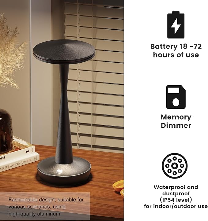 SAKRINGT Rechargeable Cordless Table Lamp, 72Hrs Battery Operated LED Table Light, Portable Touch Dimmable Lamp for Restaurant Patio Dining Outdoor Camping
