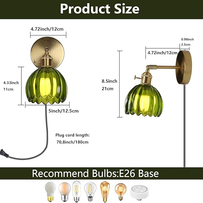 HuisMier Plug in Wall Sconces, Vintage Green Tulip Glass Lampshade Wall Light with On/Off Switch, Modern 180 Degree Adjustable Brass Wall Sconces for Bathroom Bedroom Living Room Hallway, Plug in